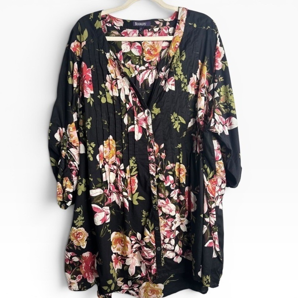 Roaman's Floral Pintuck Tunic Women 3X Black Pink Excellent Roll Tab Sleeve